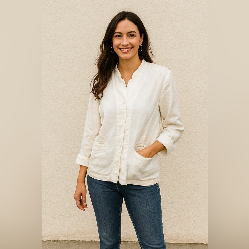 Eileen Fisher Mandarin Collar Linen Blazer Jacket Button Front White 1X